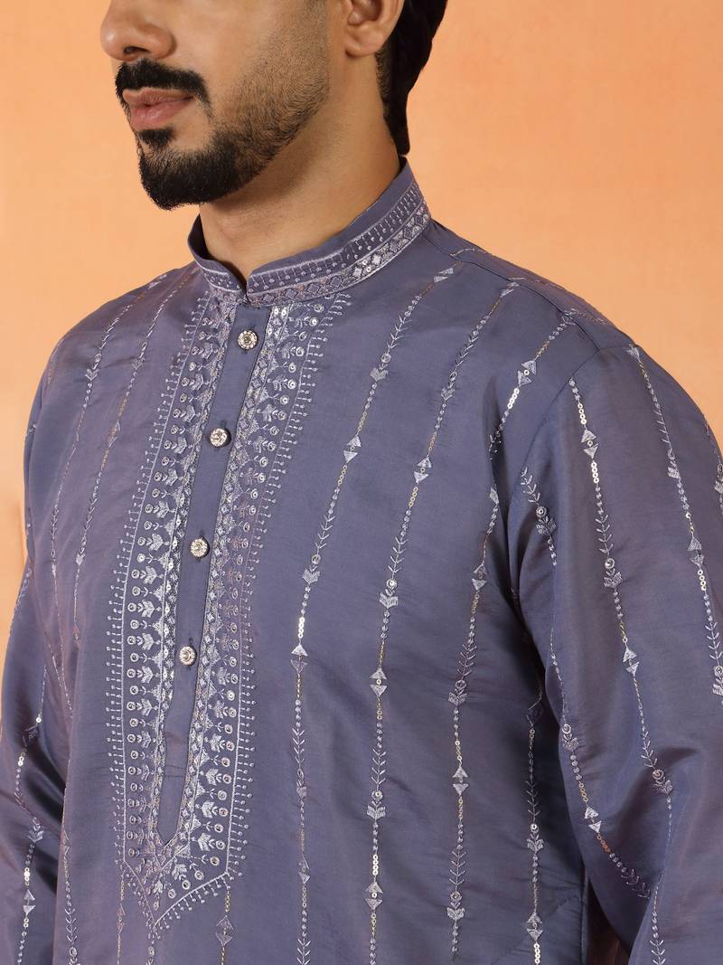Cotton silk sequenced & embroidered purple kurta
