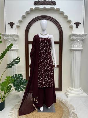 Wine embroidered sharara suit set with dupatta 4