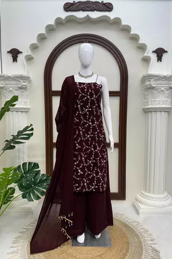 Wine embroidered sharara suit set with dupatta
