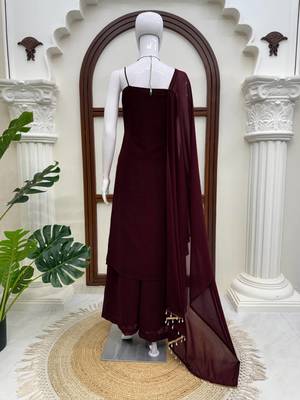 Wine embroidered sharara suit set with dupatta 5