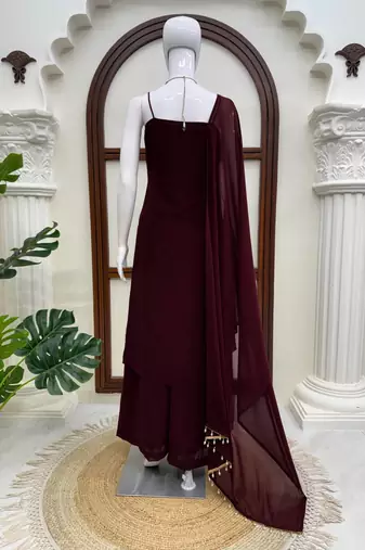 Wine embroidered sharara suit set with dupatta