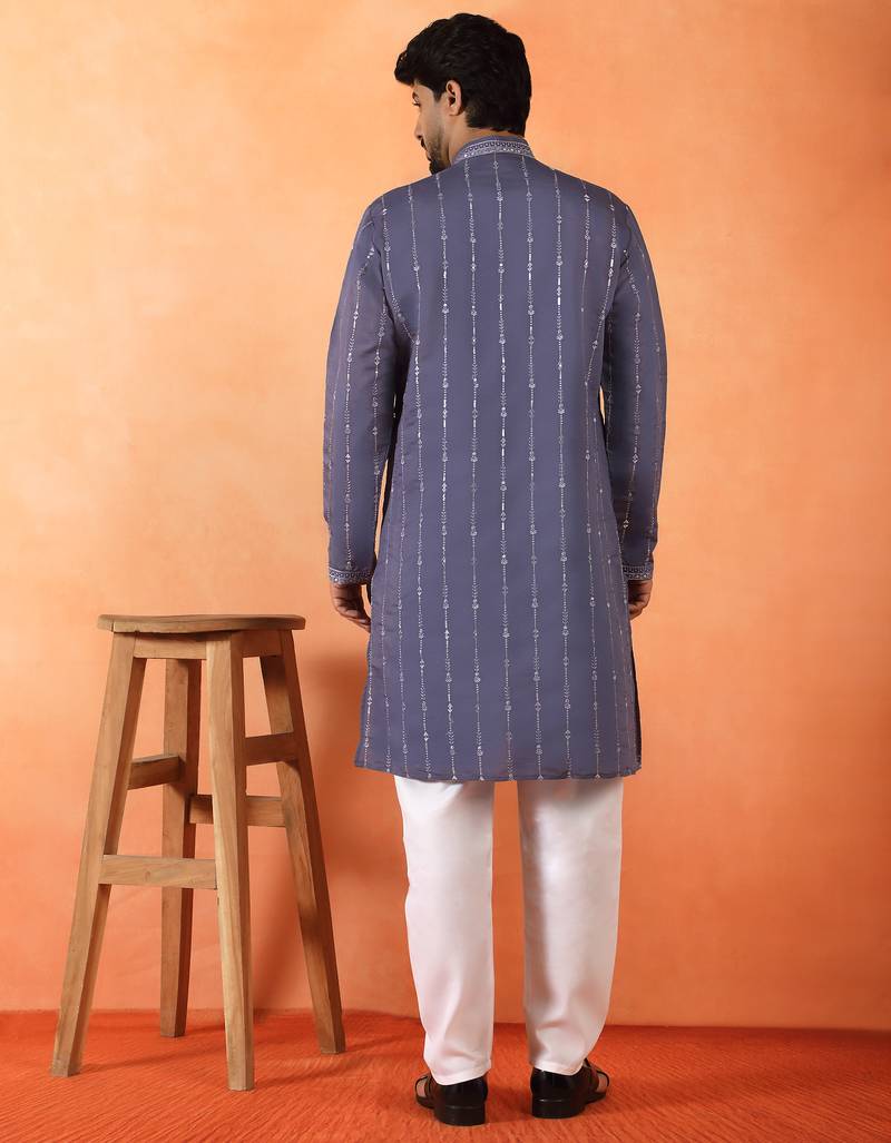 Cotton silk sequenced & embroidered purple kurta