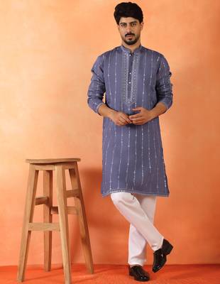 Cotton silk sequenced & embroidered purple kurta 4