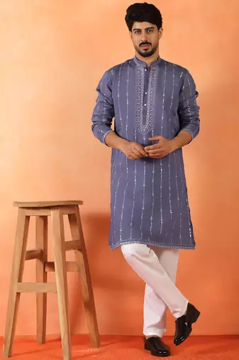 Cotton silk sequenced & embroidered purple kurta