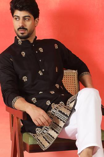 Cotton silk floral embroidered black kurta