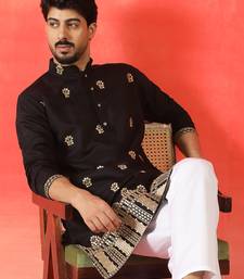 Cotton silk floral embroidered black kurta