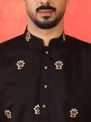 Cotton silk floral embroidered black kurta 2