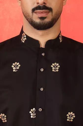 Cotton silk floral embroidered black kurta