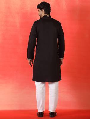 Cotton silk floral embroidered black kurta 3