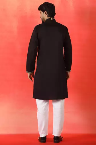 Cotton silk floral embroidered black kurta