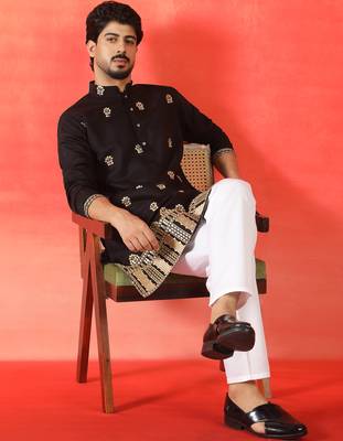 Cotton silk floral embroidered black kurta 4