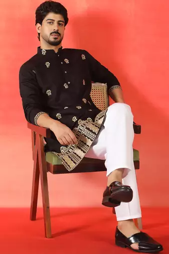 Cotton silk floral embroidered black kurta