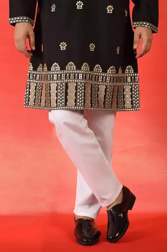 Cotton silk floral embroidered black kurta