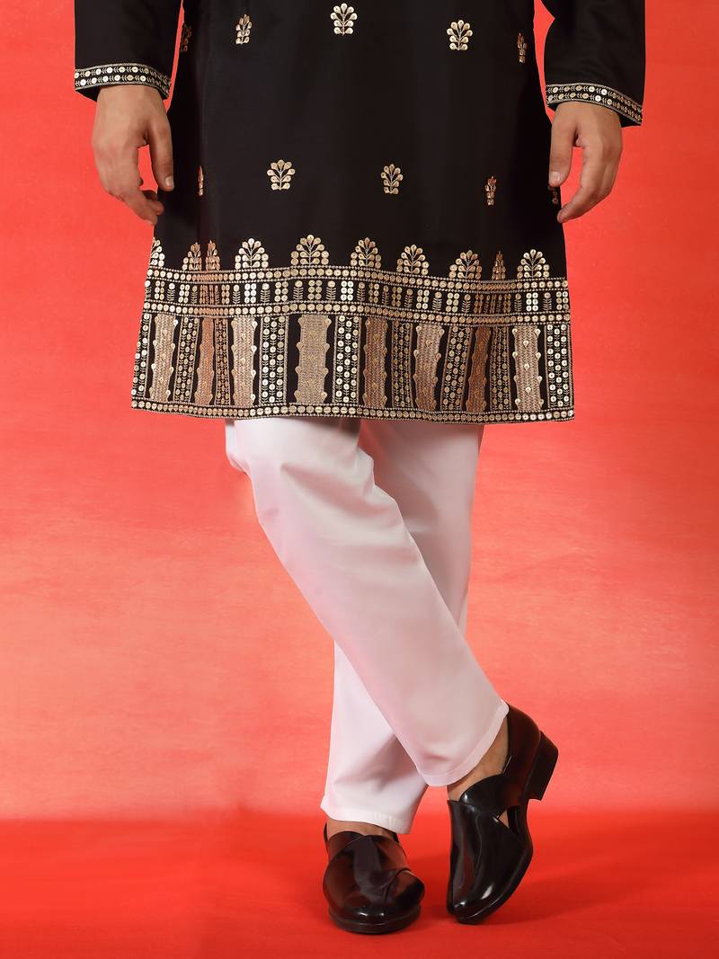 Cotton silk floral embroidered black kurta