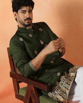 Cotton silk floral embroidered green kurta 1