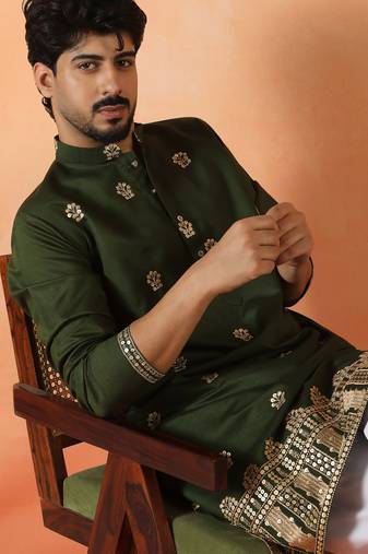 Cotton silk floral embroidered green kurta
