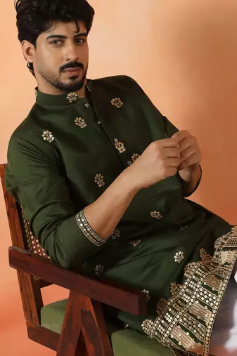 Cotton silk floral embroidered green kurta