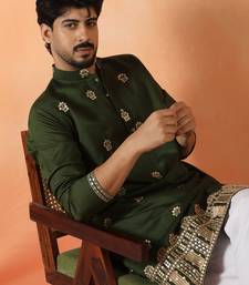 Cotton silk floral embroidered green kurta