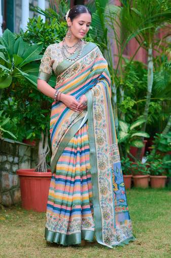 multicolor stripe cotton blend saree stripe floral print