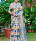 multicolor stripe cotton blend saree stripe floral print