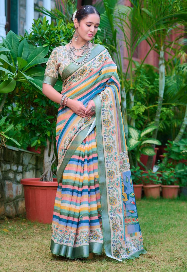 multicolor stripe cotton blend saree stripe floral print (sfcl504)