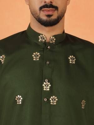 Cotton silk floral embroidered green kurta 2