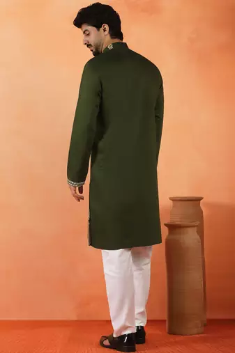 Cotton silk floral embroidered green kurta