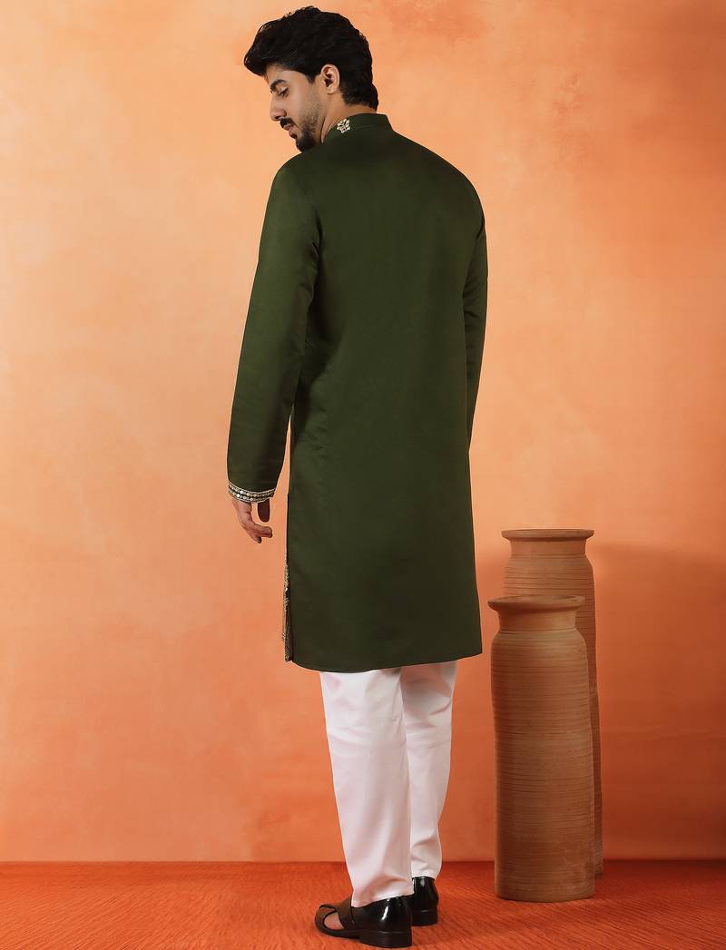 Cotton silk floral embroidered green kurta