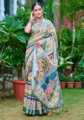 multicolor stripe cotton blend saree stripe floral print 2