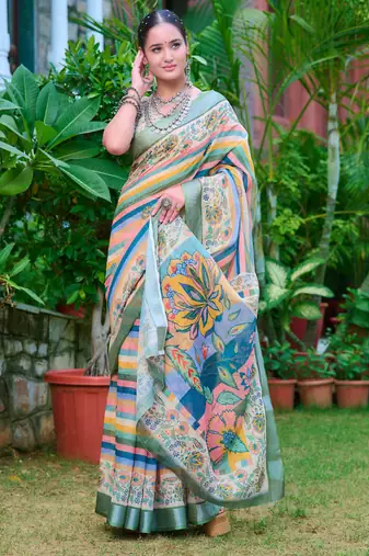 multicolor stripe cotton blend saree stripe floral print