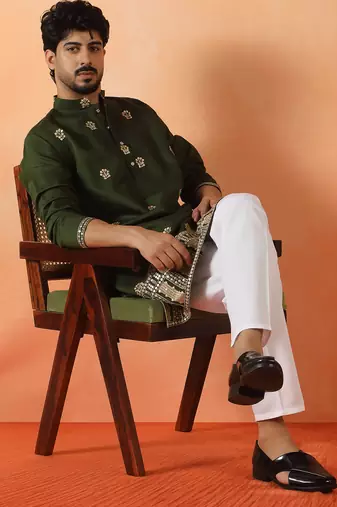 Cotton silk floral embroidered green kurta