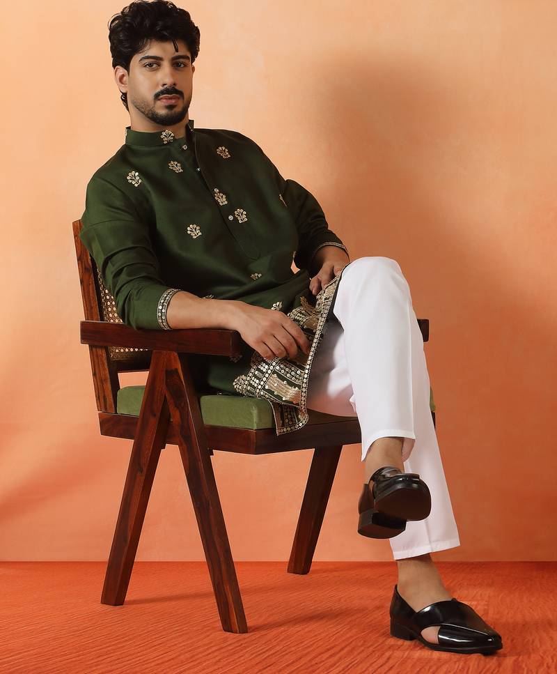 Cotton silk floral embroidered green kurta