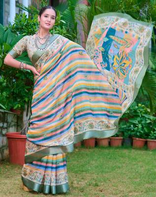multicolor stripe cotton blend saree stripe floral print 3