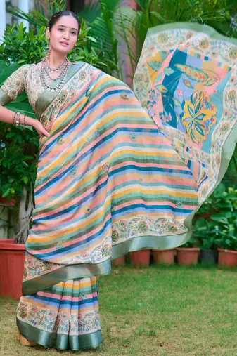 multicolor stripe cotton blend saree stripe floral print