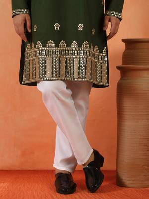 Cotton silk floral embroidered green kurta 5