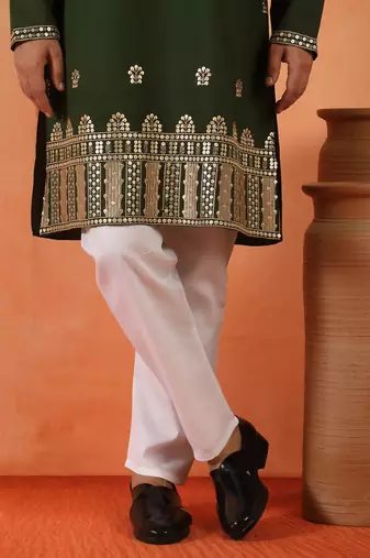 Cotton silk floral embroidered green kurta