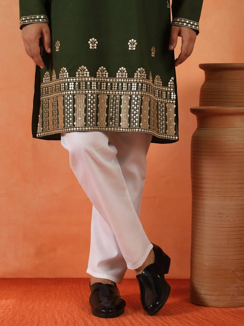 Cotton silk floral embroidered green kurta