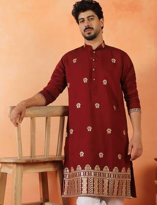 Cotton silk floral embroidered maroon kurta 1
