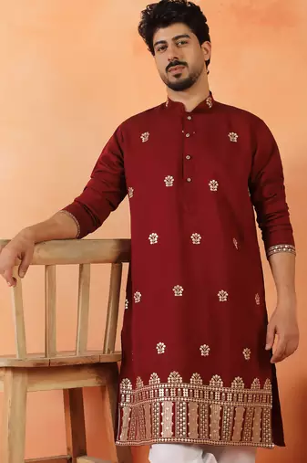 Cotton silk floral embroidered maroon kurta