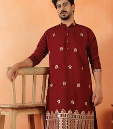 Cotton silk floral embroidered maroon kurta