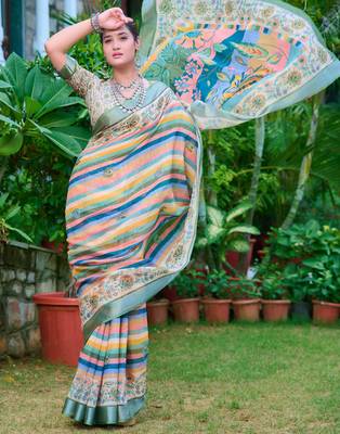 multicolor stripe cotton blend saree stripe floral print 4