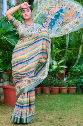multicolor stripe cotton blend saree stripe floral print