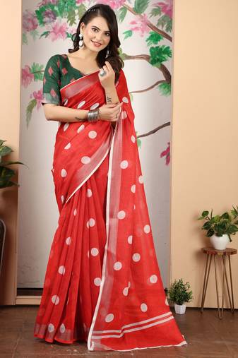 red white cotton blend saree with polka dot print