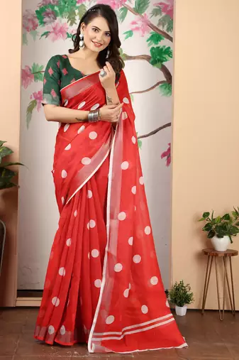 red white cotton blend saree with polka dot print