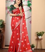 red white cotton blend saree with polka dot print