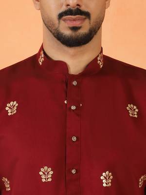 Cotton silk floral embroidered maroon kurta 2