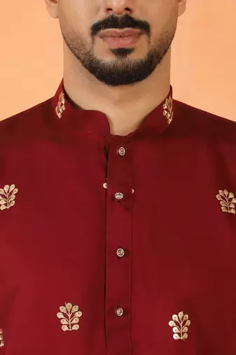 Cotton silk floral embroidered maroon kurta