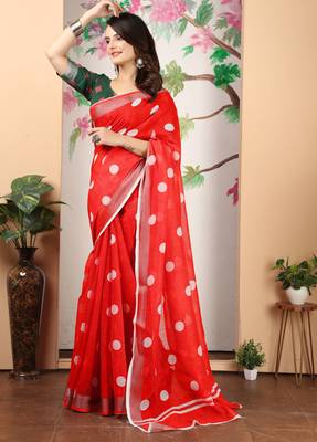 red white cotton blend saree with polka dot print 2