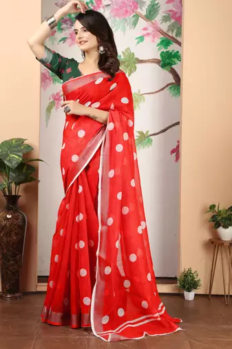 red white cotton blend saree with polka dot print