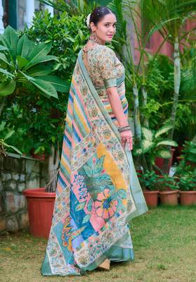 multicolor stripe cotton blend saree stripe floral print 5